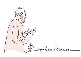 Muslim man standing and praying with ramadan kareem handwritten in one single continuous line style. vector