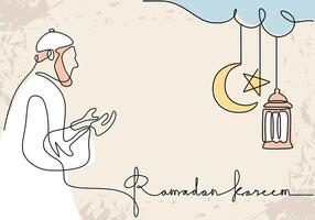 Praying man, moon, stars, lantern and ramadan kareem handwriting in one single continuous line. vector