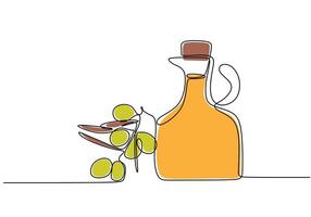 bottle with olive in one line art drawing style. vector