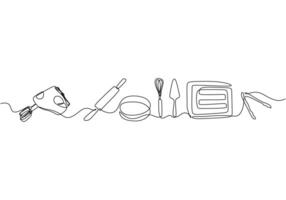 Single continuous line drawing of Mixer, Dough Roller, baking dish, whisk, oven, food tong and spoon vector