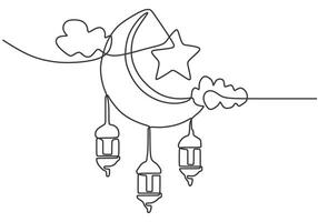 Lanterns hanging at crescent moon with star at cloud in one continuous single line. Ramadan kareem. vector