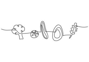 one continuous line broccoli, tomato, eggplant, avocado and vegetable isolated on white background. vector
