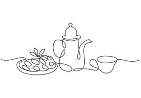 cup teapot and fast breaking dish for iftar in one single continuous line for Ramadan kareem concept vector