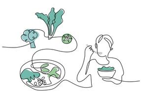 Man eating vegetables in one continuous single line for healthy food concept isolated background. vector