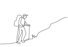 Solo hiker or Mountain climbers one continuous single line art drawing style. vector