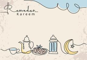 Lantern, moon, teapot, cup fast breaking dish and ramadan kareem handwriting in one continuous line vector