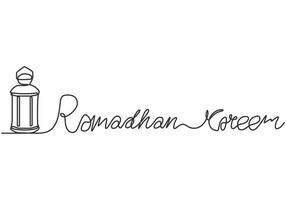 Lantern with ramadan kareem handwriting in one continuous single line style. Ramadan kareem concept. vector