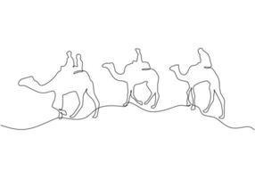 People riding camels on the desert in one single continuous line for Ramadan kareem concept vector