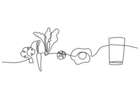 broccoli, carrot, vegetable with egg and glass milk in one continuous line for healthy food concept. vector