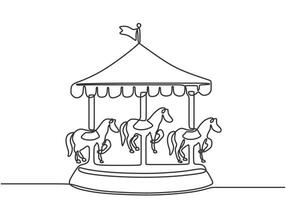One single continuous line drawing of a horse carousel in an amusement park with horses spinning. vector