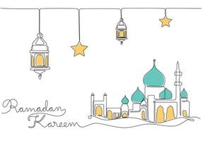 Lanterns, star, mosque and ramadan kareem handwriting in one single continuous line drawing style. vector