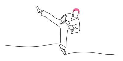 Continuous single line drawing of young man confident karateka in kimono practicing karate kick. vector
