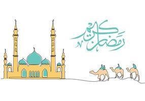 mosque and people on camel at desert with ramadan kareem calligraphy in one single continuous line. vector
