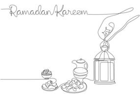 Lantern and fast breaking dish with ramadan kareem handwriting in one single continuous line style. vector