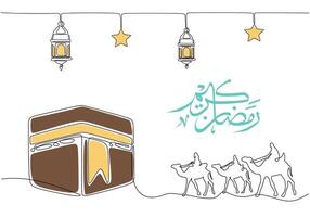 Kaaba with hanging lanterns, star, people on camel and arabic calligraphy in one continuous line. vector