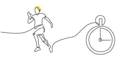 Running man, athlete, continuous line drawing with stopwatch. One continuous line drawing of young man athlete runner focus sprint run. vector