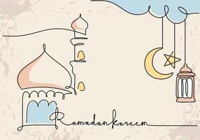 Mosque with ramadan kareem handwriting and hanging crescent moon star in one single continuous line. vector