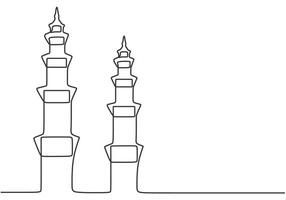 Big mosque tower one continuous single line art drawing style. Ramadan kareem concept . vector