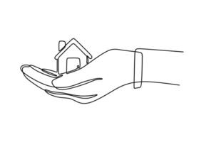Continuous one line drawing of a hands holding a miniature house. vector