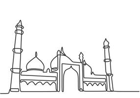 Big mosque tower in one continuous line art drawing style. Ramadan kareem concept . vector