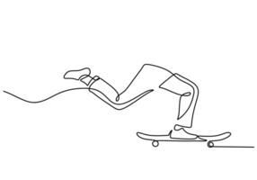 one continuous line drawing of skateboarding. Legs with trousers wearing shoes riding skateboard. vector