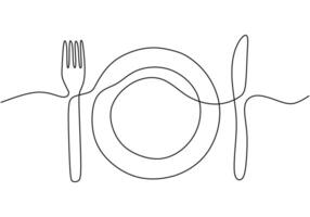 One continuous line plate, knife and fork vector