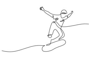 Single continuous line drawing of young skateboarder man riding skate vector