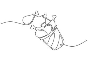 one continuous line drawing of A bucket of fried chicken drumsticks in cup on white background. vector
