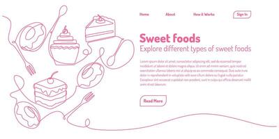 one continuous line drawing of sweet foods. Landing page concept with pink line. vector