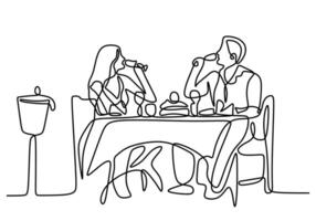 One line drawing of couple dinner with table food and wine vector