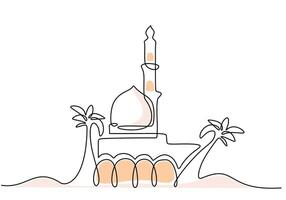 Big mosque on the desert with tree in one single continuous line drawing style Ramadan concept. vector