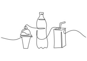 one continuous line drawing of ice cream, mineral water and soft drink isolated on white background. vector