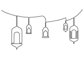 Hanging lanterns in one continuous single line art drawing style. Ramadan kareem concept . vector