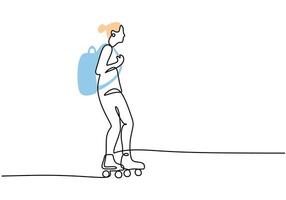 Girl play rollerblading skates with backpack in one continuous single line style drawing. vector