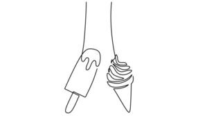 one continuous line drawing of hanging cone ice cream and pop stick ice cream on white background. vector