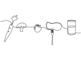 Continuous single line of tomato, carrots, glass of milk and beef meat slice on white background. vector