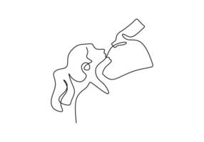 one continuous single line of girl drinking mineral water with her hand isolated on white background vector