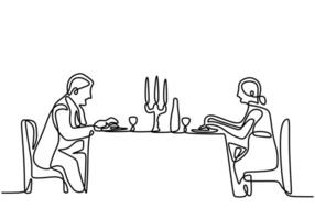 Continuous one line drawing of couple dinner with table food vector