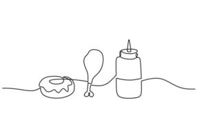 one continuous line drawing of donuts, fried chicken and sauce. Fast food minimalist concept . vector