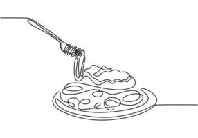 Spaghetti noodle with fork in one continuous single line style isolated on white background. vector