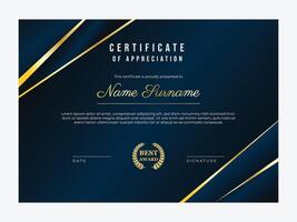 Luxury certificate of appreciation template in dark blue and gold color vector
