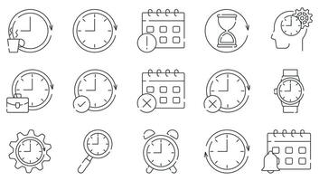 Time and clock linear icons. Time and clock line art icons ideal for illustrating efficiency and productivity in time management strategies. Perfect for time management resources. vector