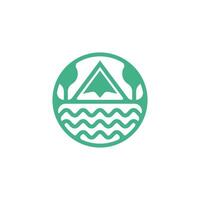 nature logo in a circle that is united, there are mountains, trees and ocean waves vector