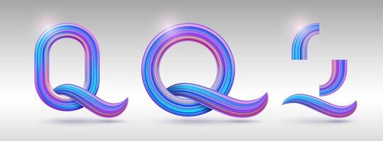 template of realistic 3d letter Q in different shapes. Striped monogram O. Volumetric typography with colorful neon stripes for logo, branding. Wavy Font. vector