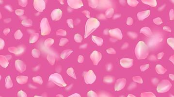 Seamless pattern with realistic flying pink rose petals on bright background. Repeating texture with voluminous blurred falling sakura petal. illustration with blur effect. vector