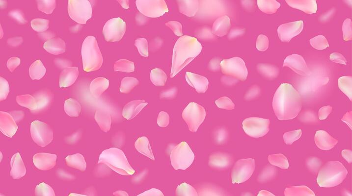 Seamless pattern with realistic flying pink rose petals on bright background. Repeating texture with voluminous blurred falling sakura petal. illustration with blur effect.