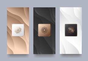 Elegant abstract packaging designs with soft gradient textures and gold frame elements suitable for luxury branding and product presentation vector