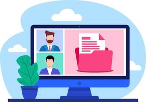 Conference with Document Sharing on Desktop Computer Flat Illustration Concept for Remote Work vector
