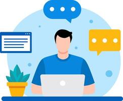 Man is sitting at a desk with a laptop and a potted plant. He is typing on the laptop vector