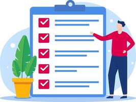 Man is standing in front of a checklist, which is displayed on a white background vector